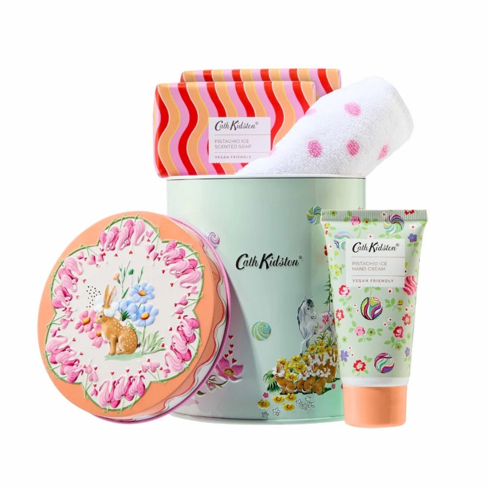Cath Kidston Handy Guest Tin - Pistachio handcream and soap polka dot towel